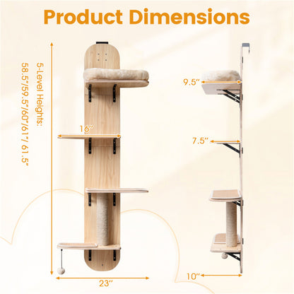 Door Hanging Cat Tree 5-Level Height Adjustable 4-Tier Climber No-Drill for Apartment Beige