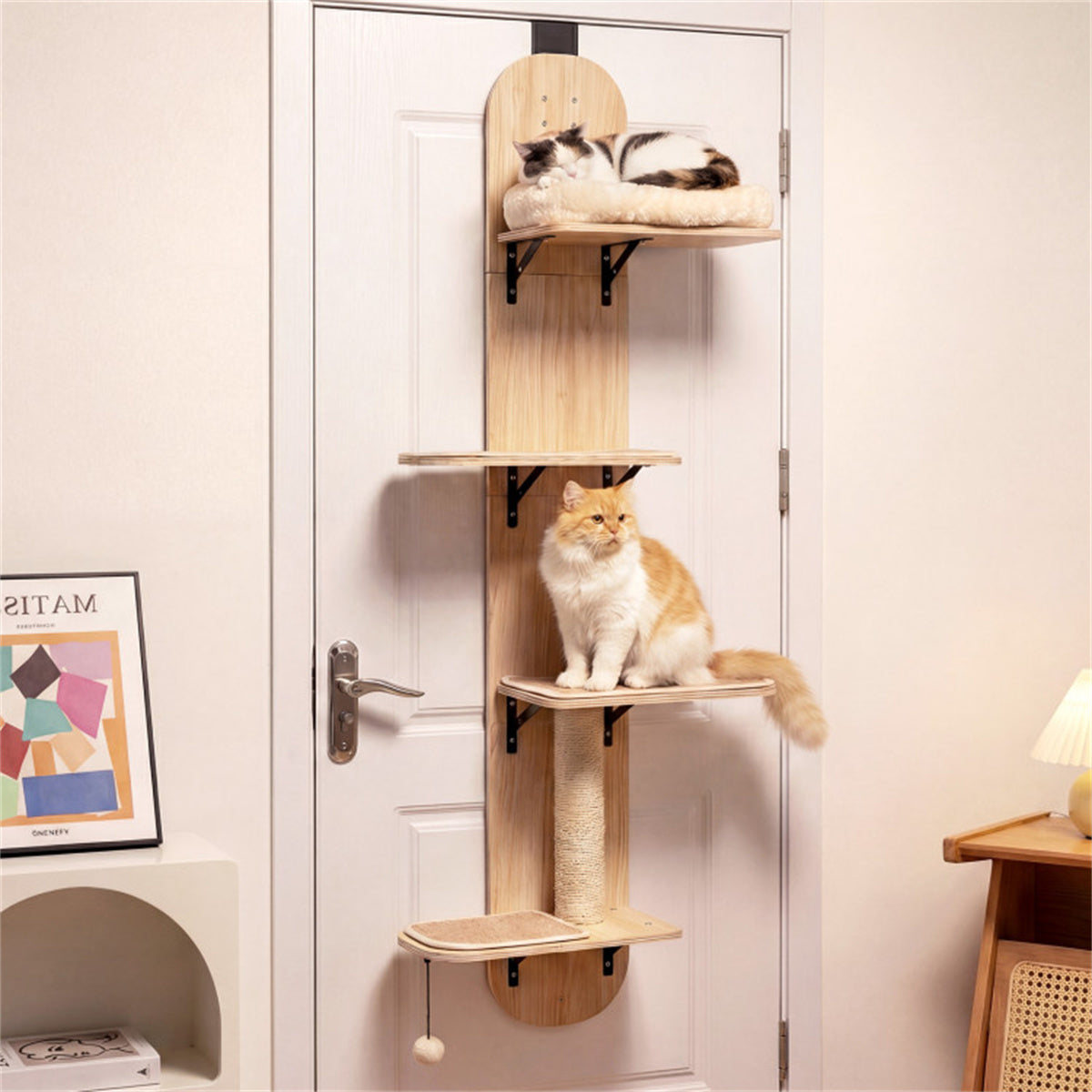 Door Hanging Cat Tree 5-Level Height Adjustable 4-Tier Climber No-Drill for Apartment Beige