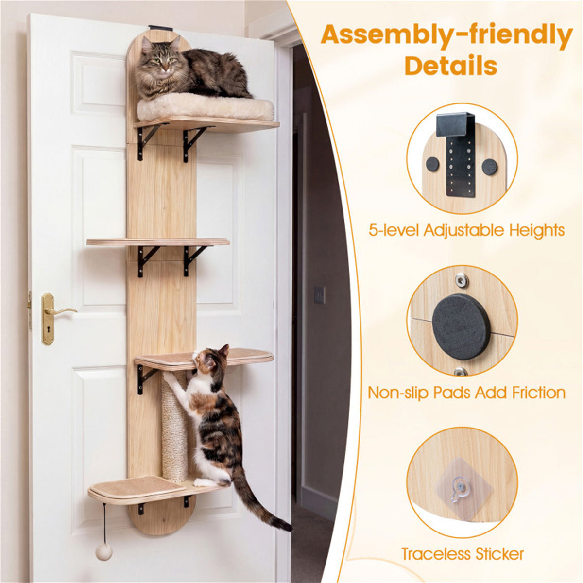 Door Hanging Cat Tree 5-Level Height Adjustable 4-Tier Climber No-Drill for Apartment Beige