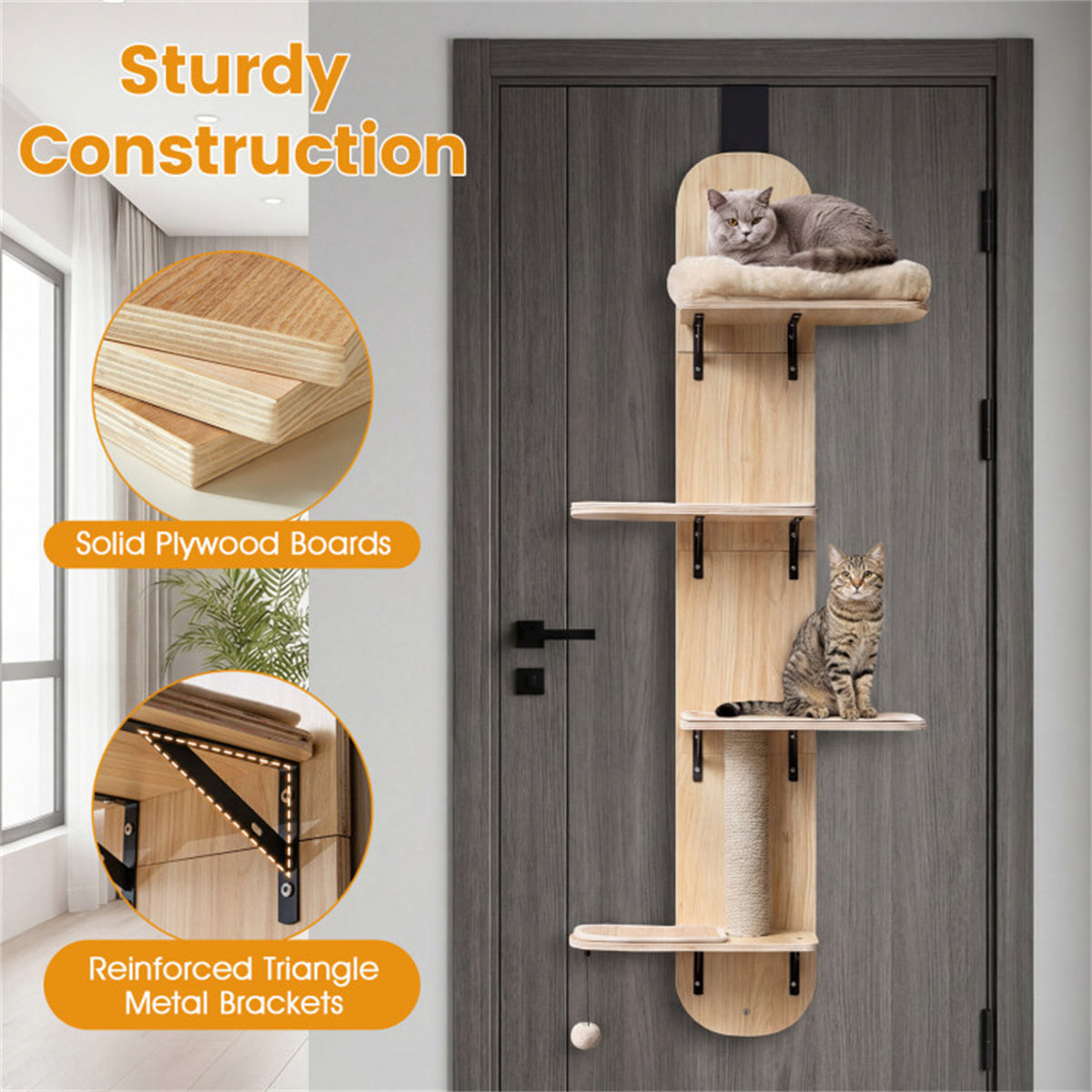 Door Hanging Cat Tree 5-Level Height Adjustable 4-Tier Climber No-Drill for Apartment Beige