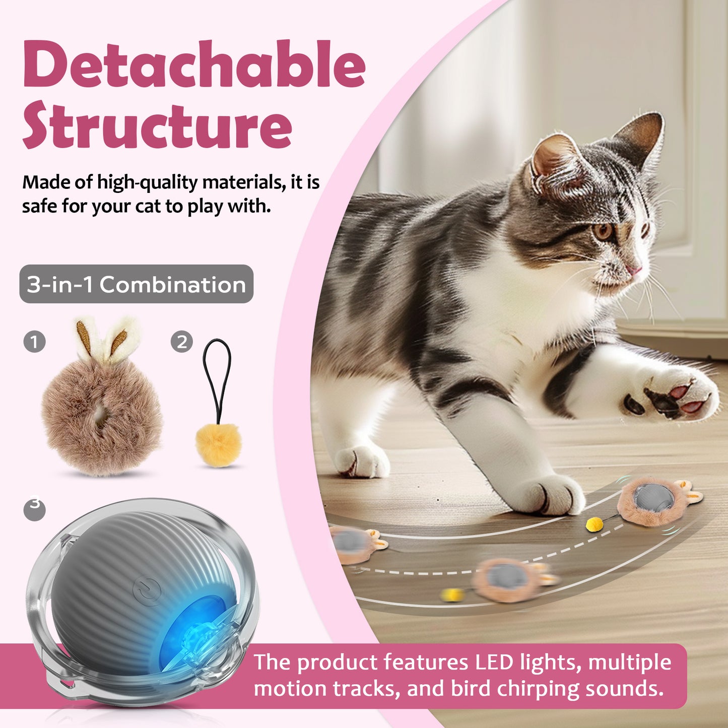 Interactive Electric Plush Cat Toy Ball-Interactive Cat Toys for Indoor Cats,Motion Activated Automatic Moving Ball with Lights,Electric Self Rotating Ball with Chirping,with Fluffy Tail and Bunny Ears for Indoor Pets