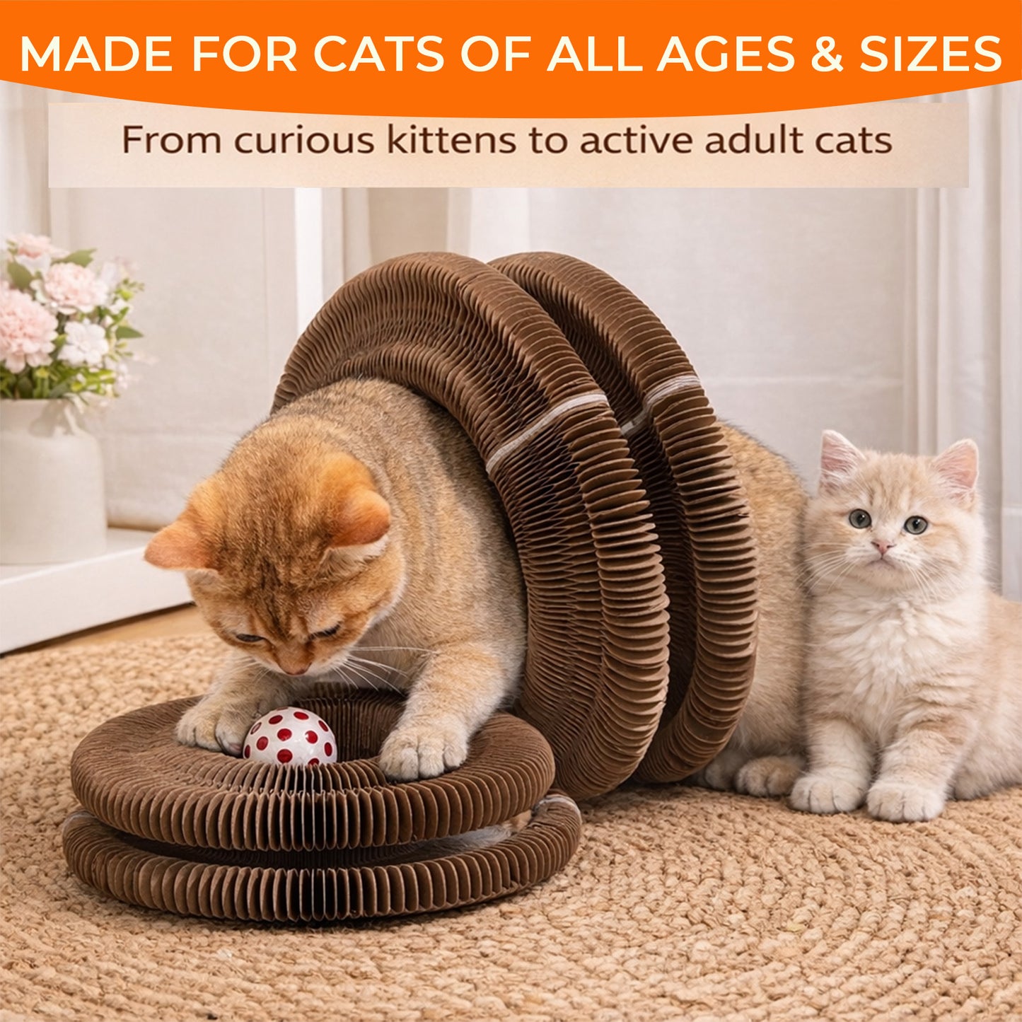 Kitty Curls Cat Toy - Foldable Accordion Cat Scratcher withBall - Magic Organ Cat Scratch Board for Interactive Play -Calming Features