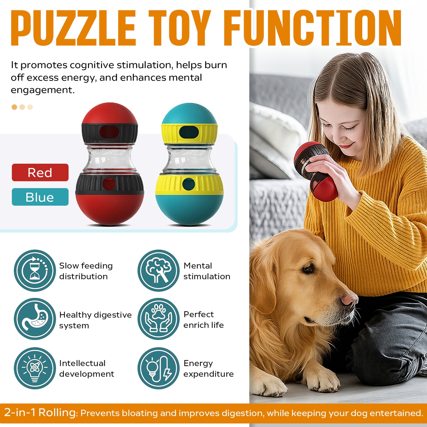 Interactive Dog Treat Ball, Dog Treat Dispenser Toy - Interactive Adjustable Treat Dispensing Dog Puzzle Toy - Mental Stimulation & Slow Feeder for Small, Medium, and Large Breeds - Durable & Fun Boredom Relief Game