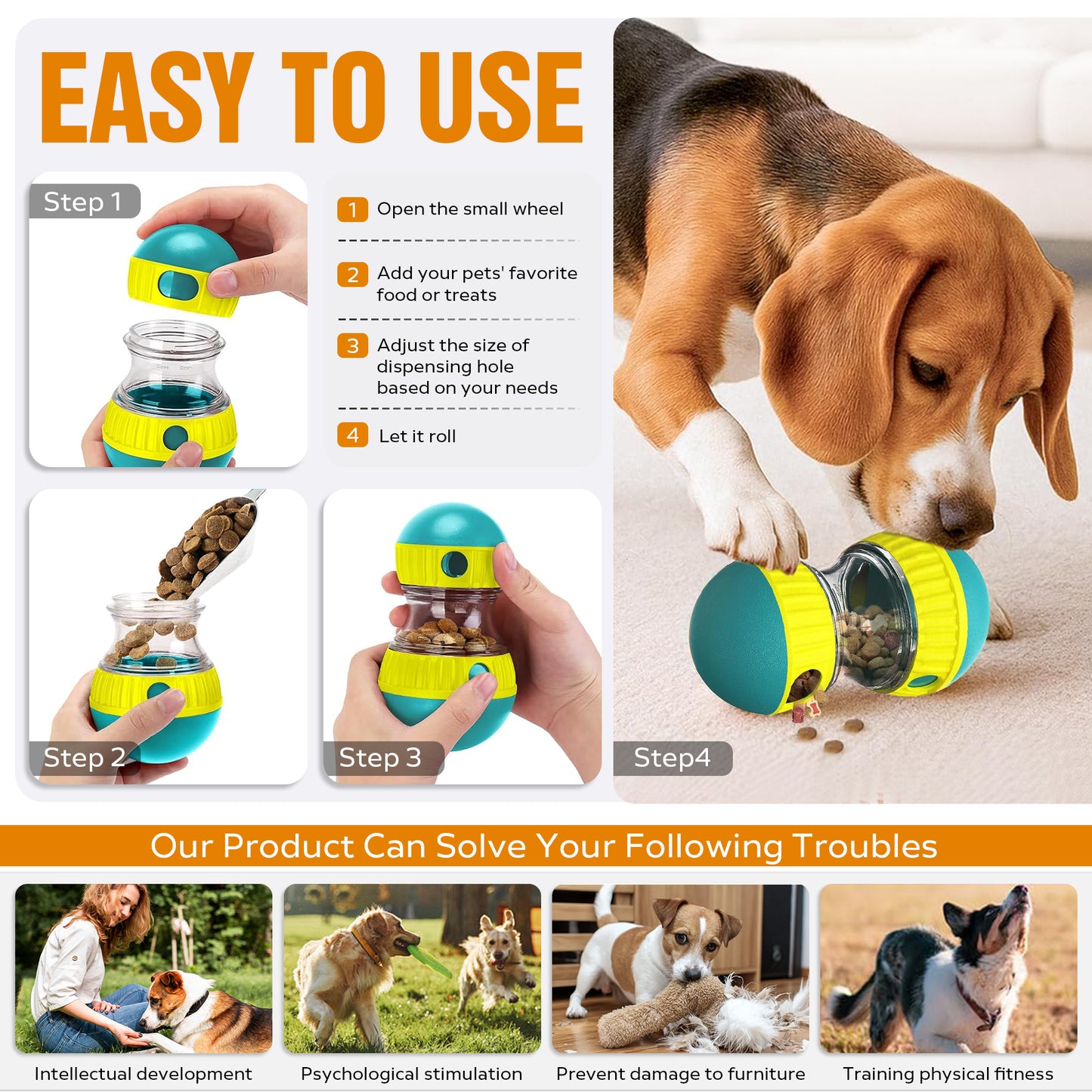 Interactive Dog Treat Ball, Dog Treat Dispenser Toy - Interactive Adjustable Treat Dispensing Dog Puzzle Toy - Mental Stimulation & Slow Feeder for Small, Medium, and Large Breeds - Durable & Fun Boredom Relief Game