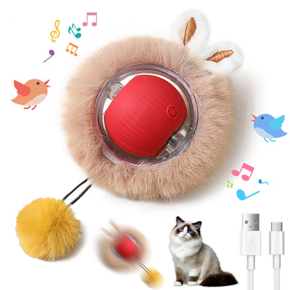 Interactive Electric Plush Cat Toy Ball-Interactive Cat Toys for Indoor Cats,Motion Activated Automatic Moving Ball with Lights,Electric Self Rotating Ball with Chirping,with Fluffy Tail and Bunny Ears for Indoor Pets