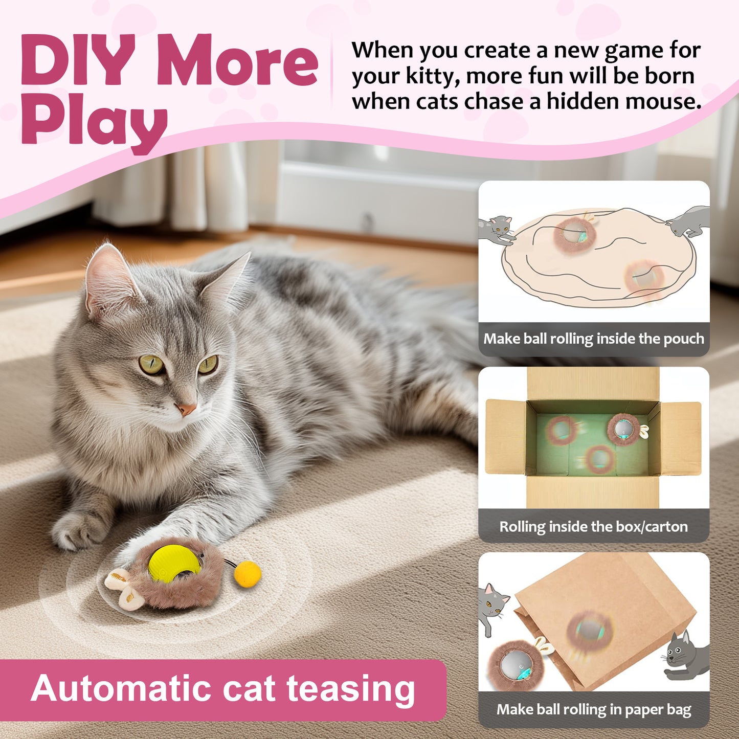 Interactive Electric Plush Cat Toy Ball-Interactive Cat Toys for Indoor Cats,Motion Activated Automatic Moving Ball with Lights,Electric Self Rotating Ball with Chirping,with Fluffy Tail and Bunny Ears for Indoor Pets