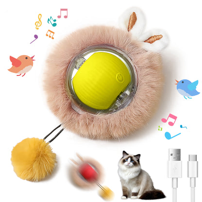 Interactive Electric Plush Cat Toy Ball-Interactive Cat Toys for Indoor Cats,Motion Activated Automatic Moving Ball with Lights,Electric Self Rotating Ball with Chirping,with Fluffy Tail and Bunny Ears for Indoor Pets